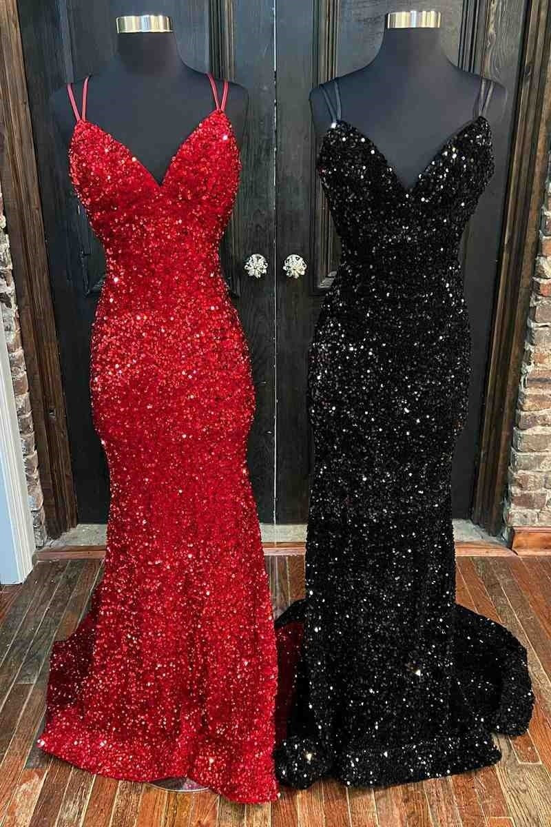 Trumpet/Mermaid V Neck Sleeveless Velvet Sequins Court Train Prom Dresses With Pleated-0