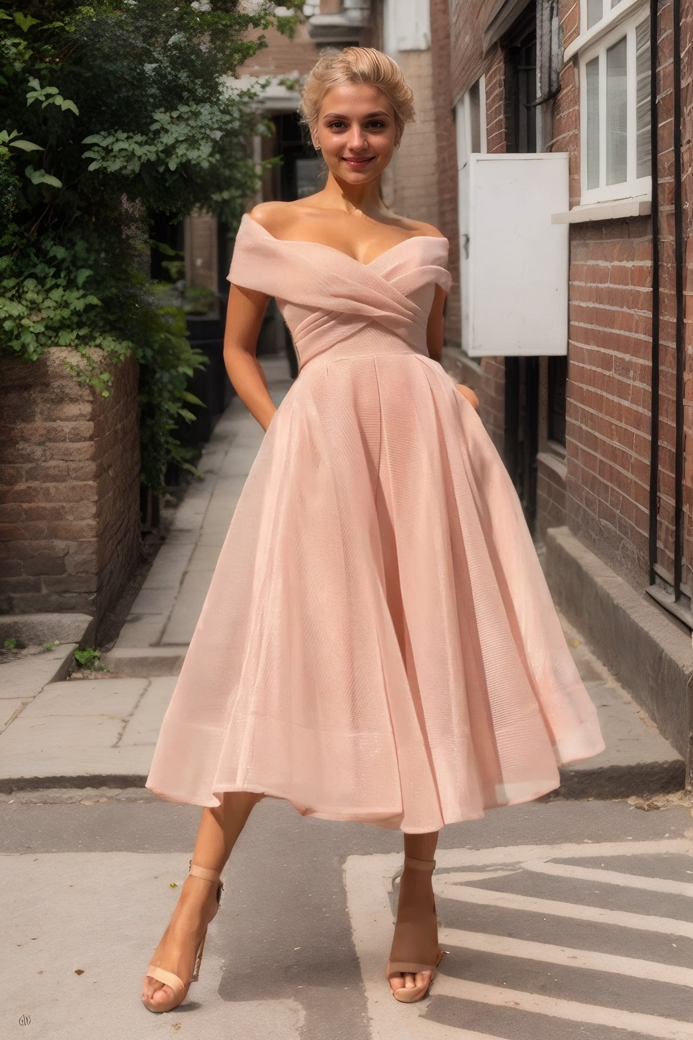 A-line Off-the-Shoulder Short Sleeve Tea-Length Tulle Homecoming Dress with Pleated Pockets-0