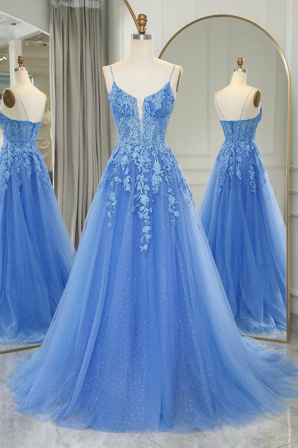 A-line V Neck Long/Floor-Length Tulle Sparkling Prom Dresses with Split Glitter Ball Gowns-795