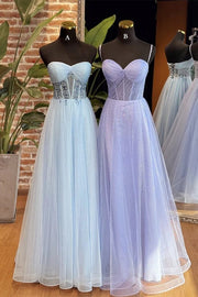 A-Line Sweetheart Neck Tulle Long Blue Prom Dress, Blue Long Formal Dress
