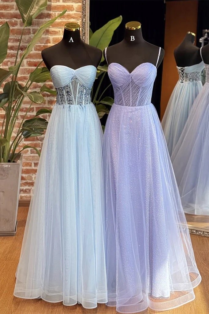 A-Line Sweetheart Neck Tulle Long Blue Prom Dress, Blue Long Formal Dress