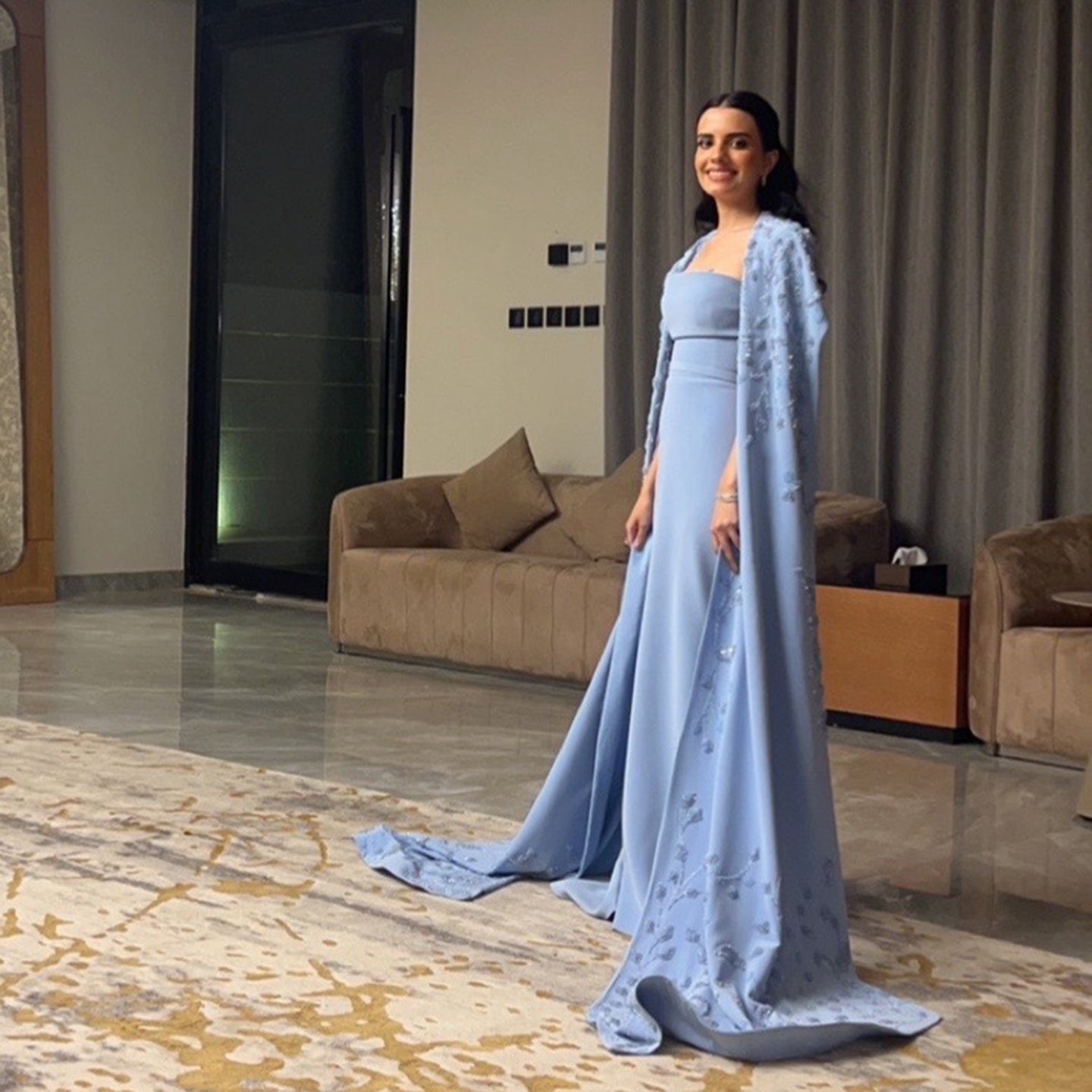 Elegant Blue Mermaid Evening Dress with Cape Sleeves SS407