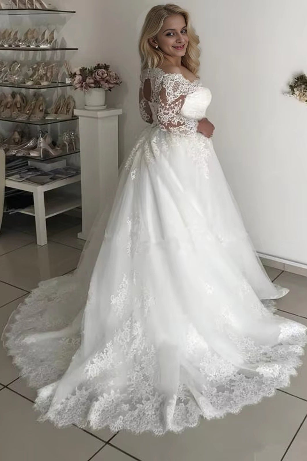A-Line/Princess Off-the-Shoulder Long Sleeves Court Train Lace Tulle Wedding Dresses-664