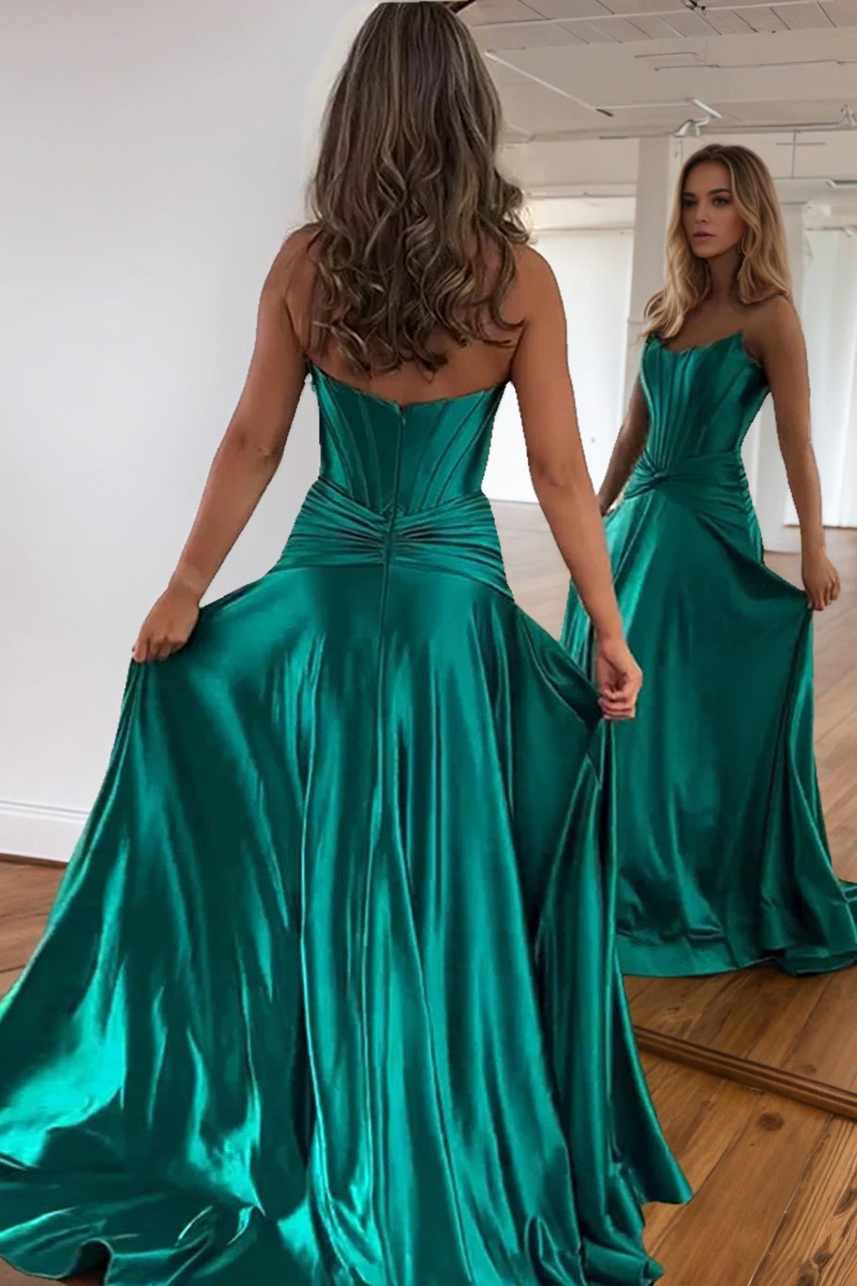 A-line Off-the-Shoulder Sleeveless Court Train Silk like Satin Green Prom Dresses With Pleated Split-798