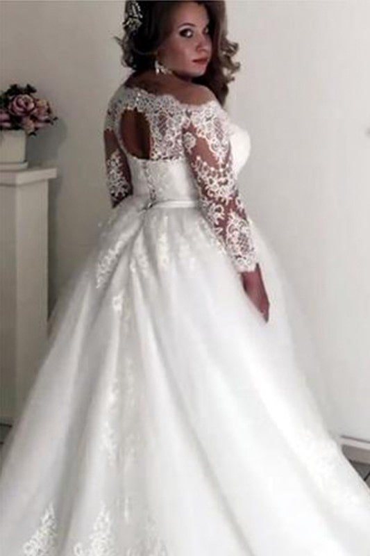 A-Line/Princess Off-the-Shoulder Long Sleeves Court Train Lace Tulle Wedding Dresses-665