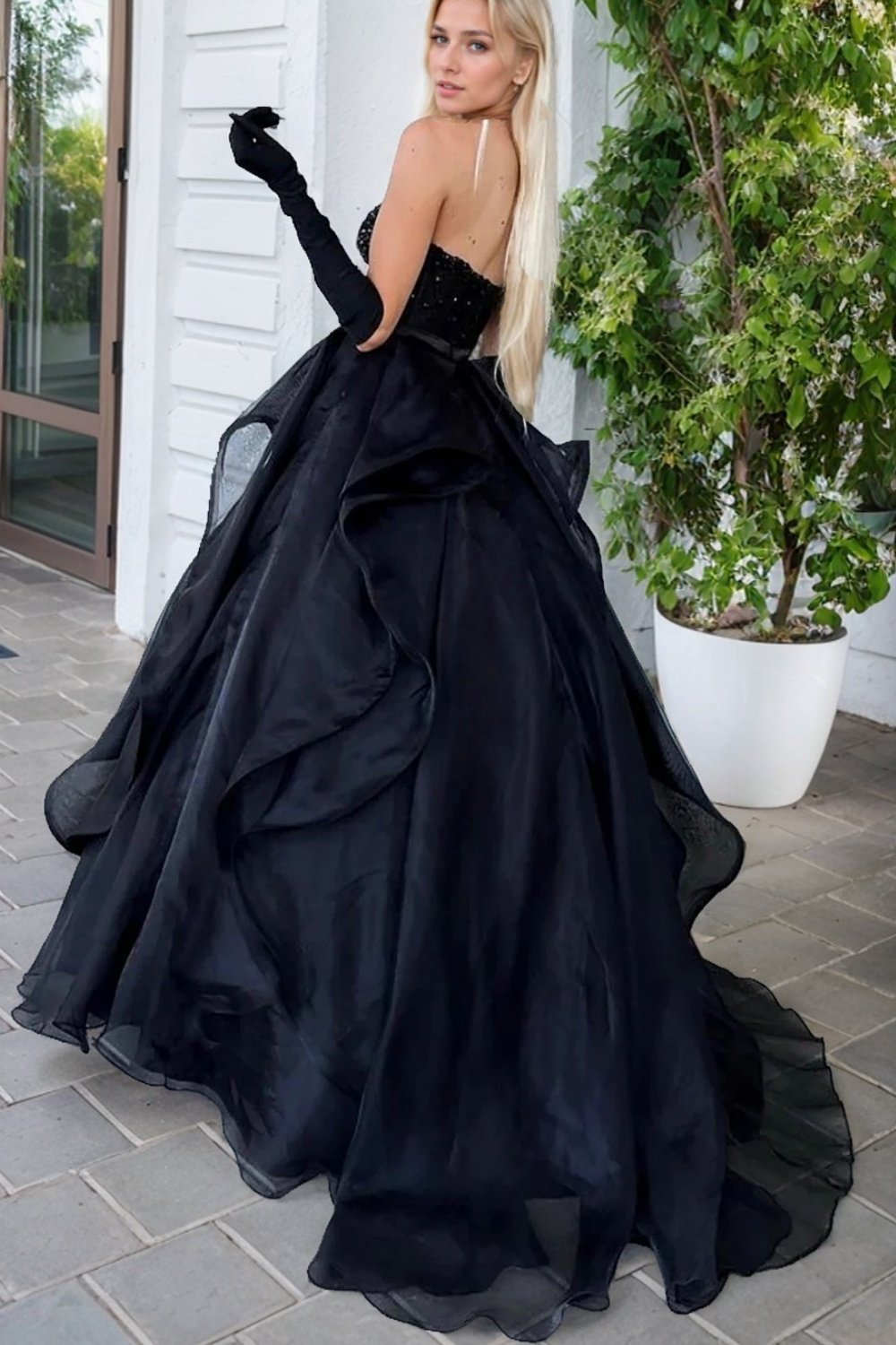 A-Line/Princess Sweetheart Tulle Sleeveless Long Prom Dress Black Prom Gown-910