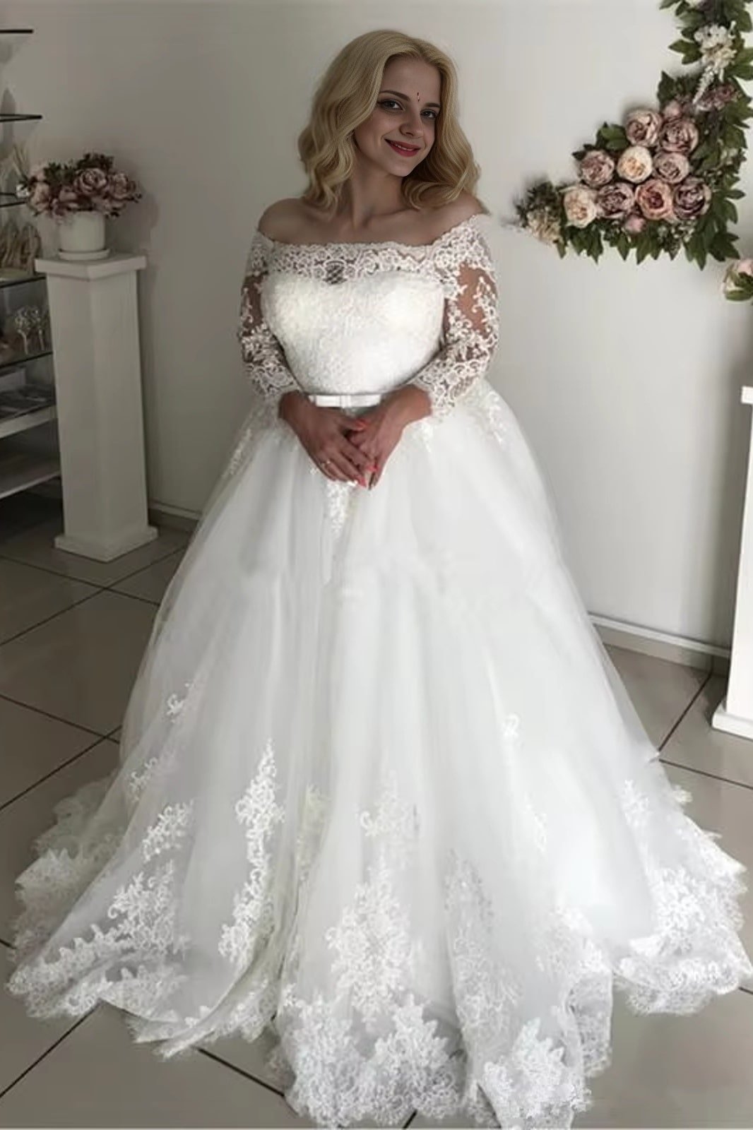 A-Line/Princess Off-the-Shoulder Long Sleeves Court Train Lace Tulle Wedding Dresses-0