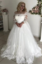 A-Line/Princess Off-the-Shoulder Long Sleeves Court Train Lace Tulle Wedding Dresses-0