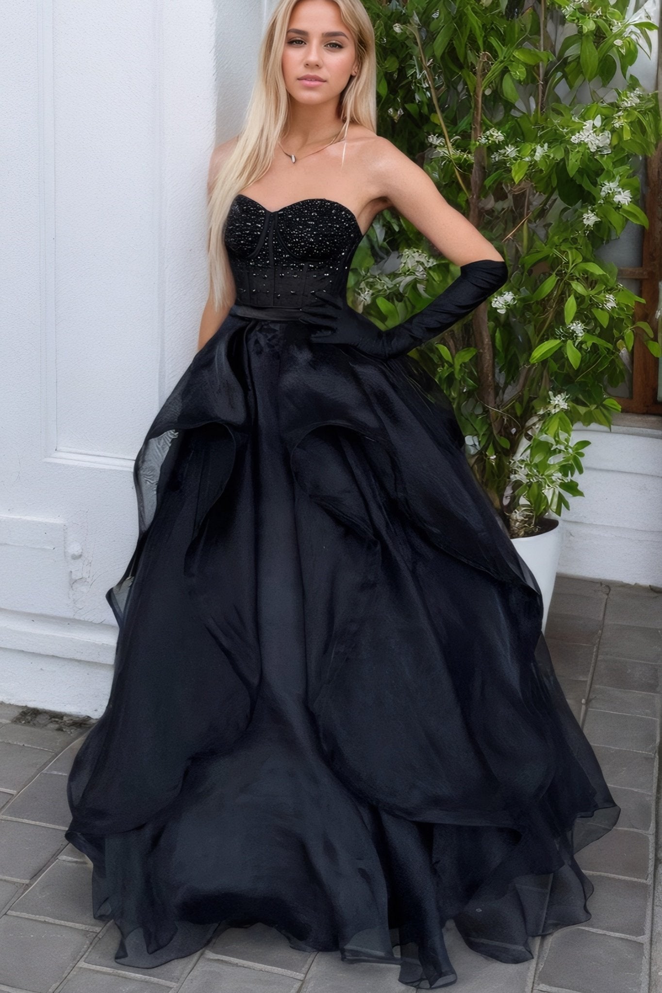 A-Line/Princess Sweetheart Tulle Sleeveless Long Prom Dress Black Prom Gown-0