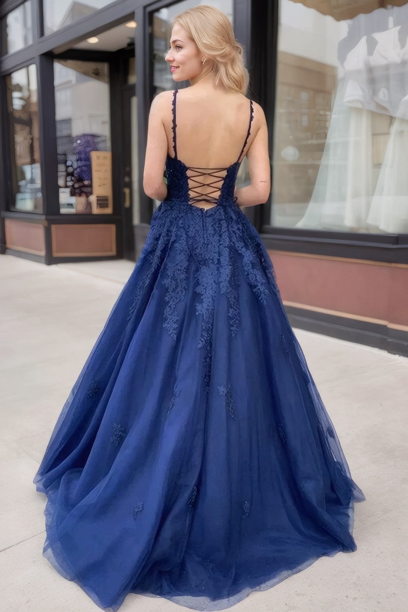 A-line/Princess V Neck Sleeveless Court Train Tulle Prom Dress With Appliqued-807