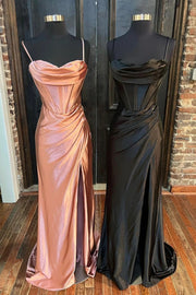Sheath/Column Sweetheart Sleeveless Silk like Satin Sweep Train Prom Dresses With Split Ruffles-0