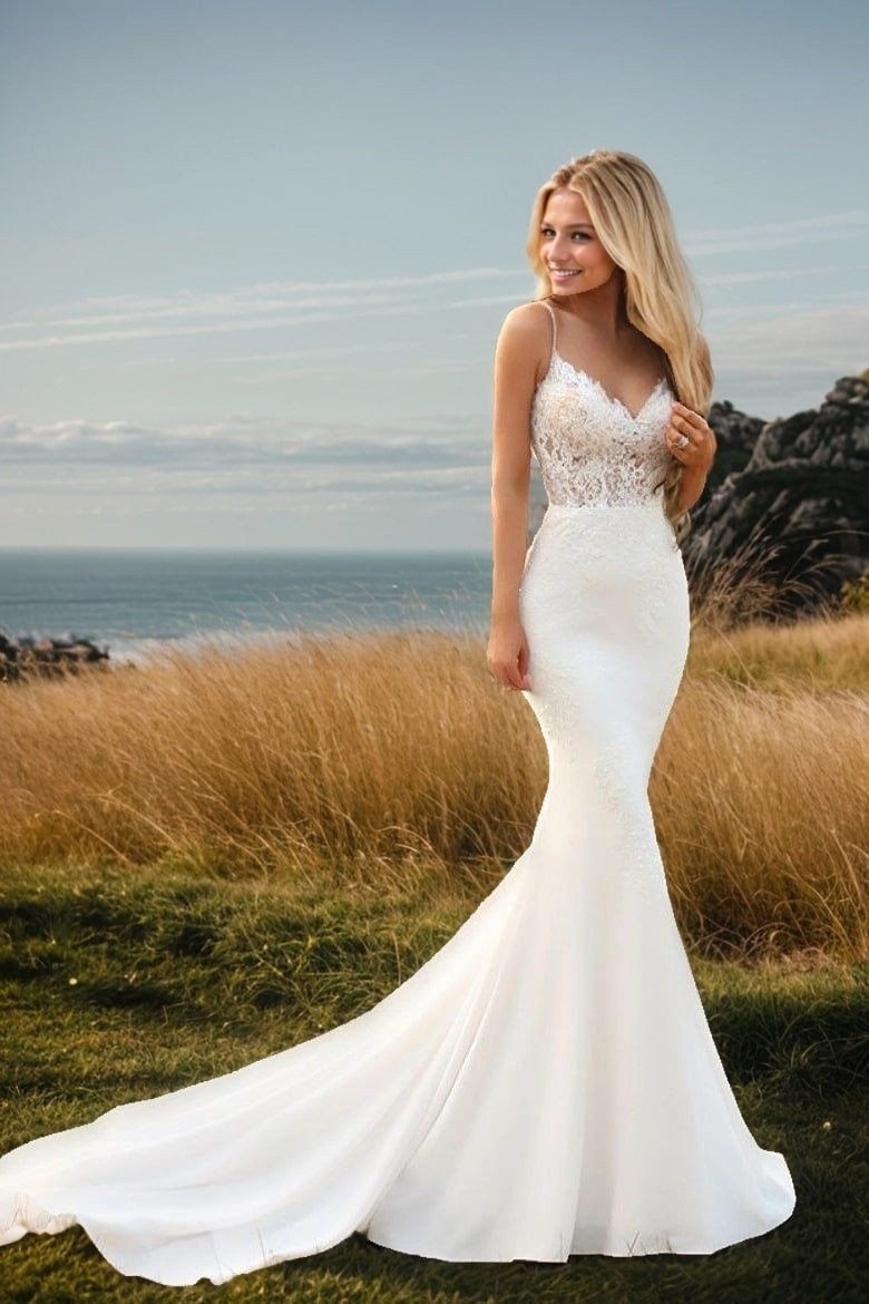 Trumpet/Mermaid Stretch Crepe Applique Spaghetti Straps Sleeveless Court Train Wedding Dresses-0