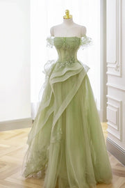 A-Line/Princess Green Tulle Long Floor Length Prom Dress Lace Evening Dress
