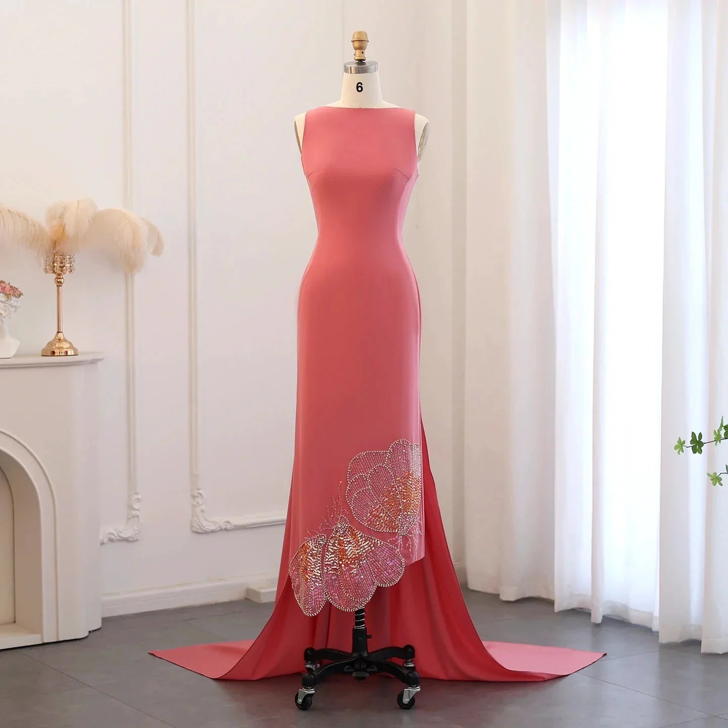 Elegant Coral Pink Butterfly Beaded Evening Dress SS471  Coral Pink / US 16