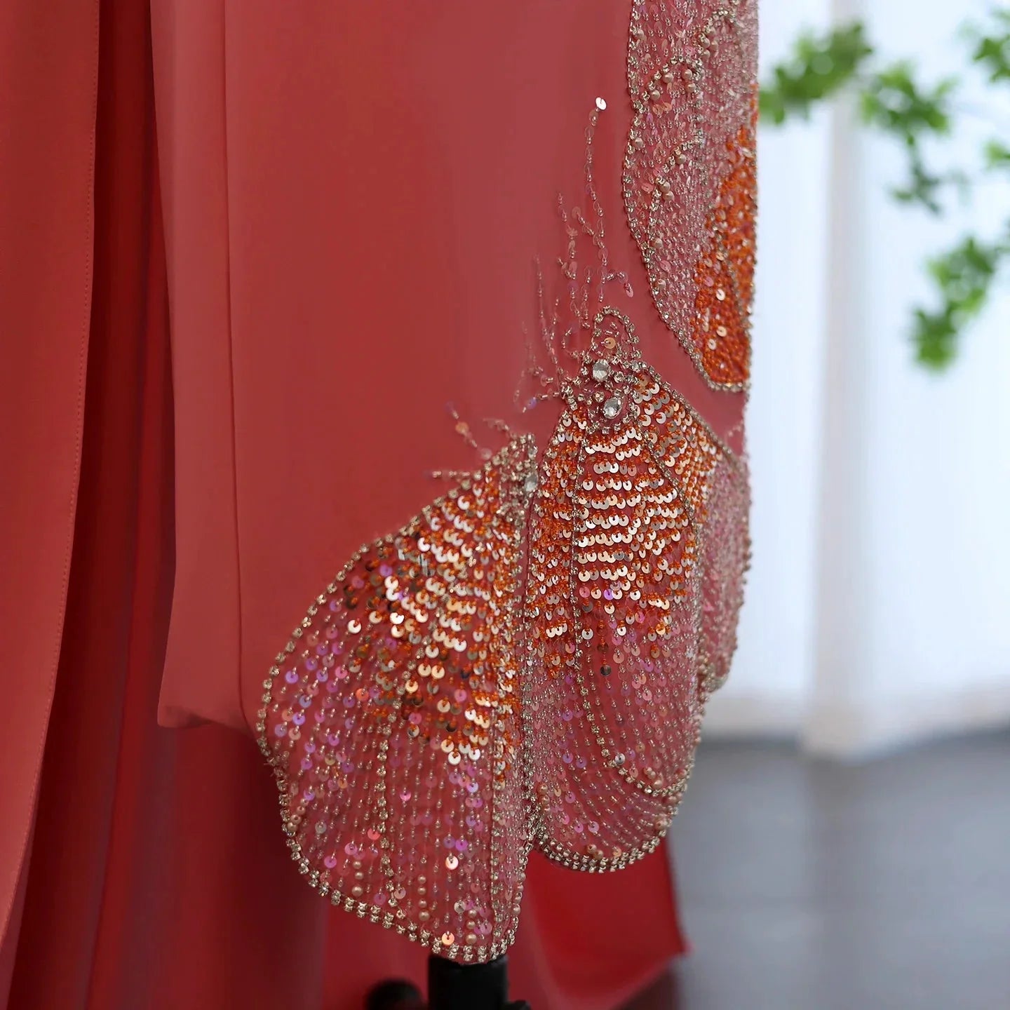 Elegant Coral Pink Butterfly Beaded Evening Dress SS471