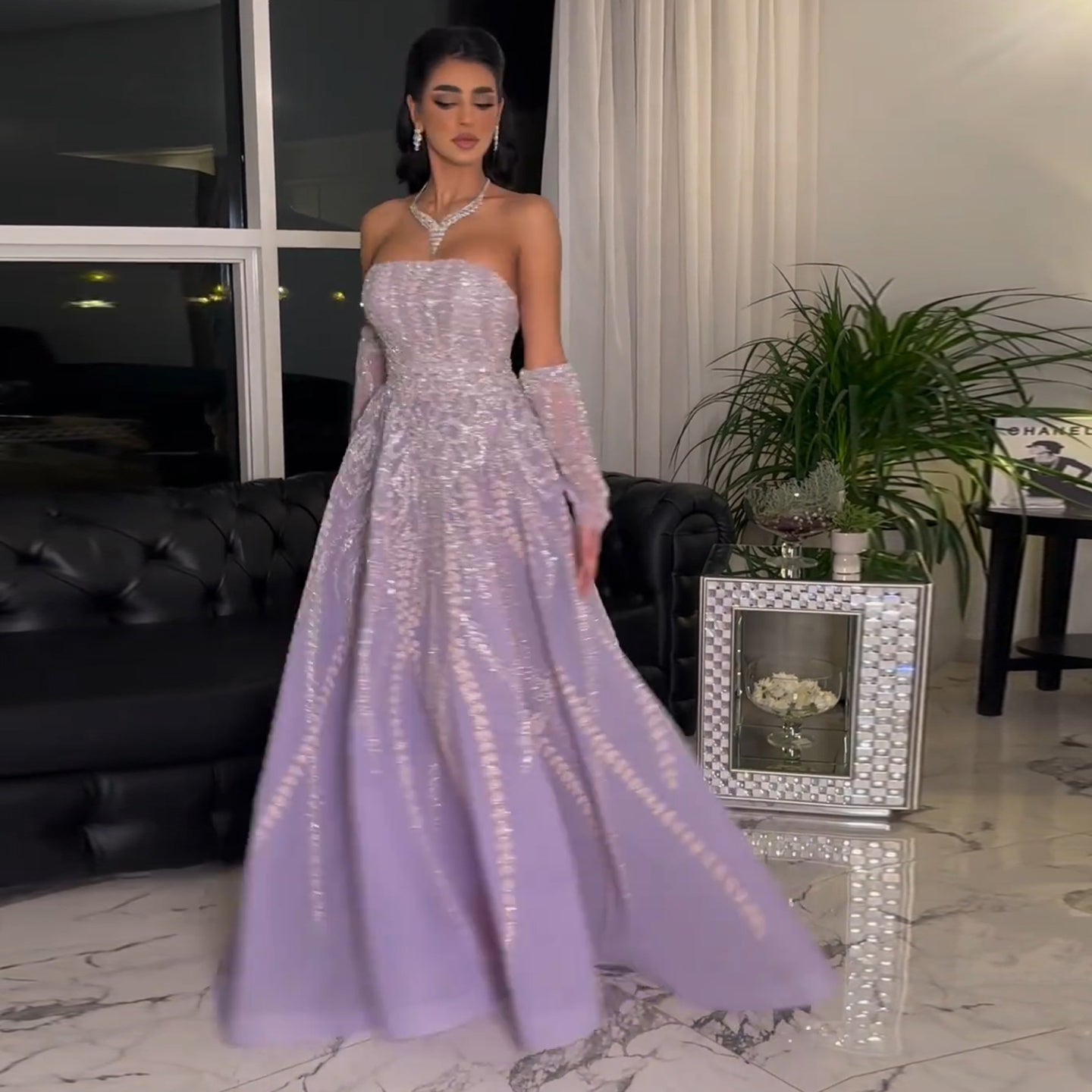 Luxury Beaded Lilac Strapless Evening Dress with Sleeves SS462