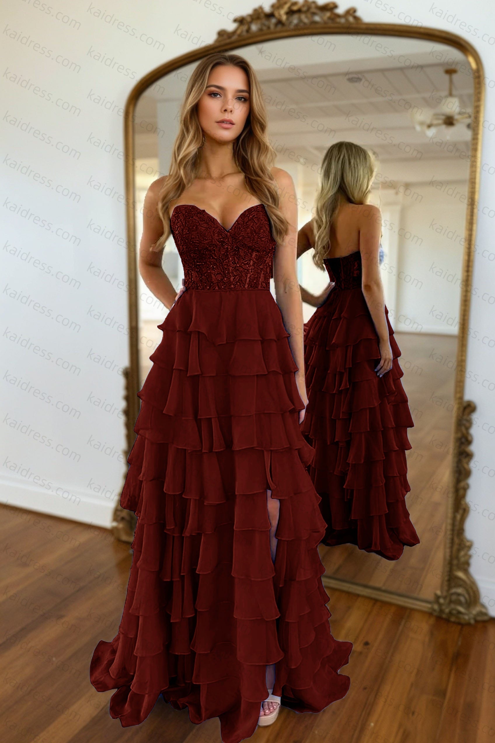A-line/Princess Chiffon Fuchsia Sweetheart Tiered Ruffles Prom Dress with Slit Applique
