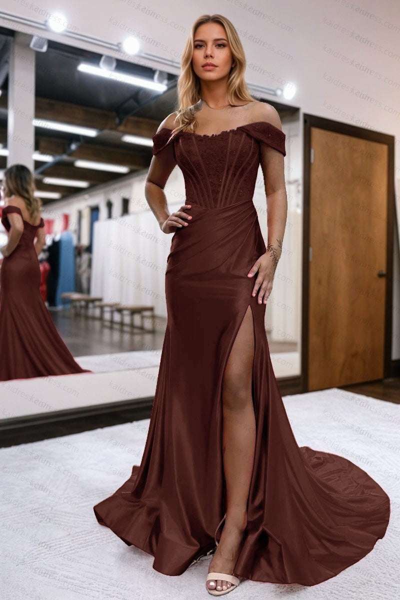 Trumpet/Mermaid Elastic Woven Satin Ruched Off-the-Shoulder Prom Dresses Sleeveless Long Green Evening Gowns