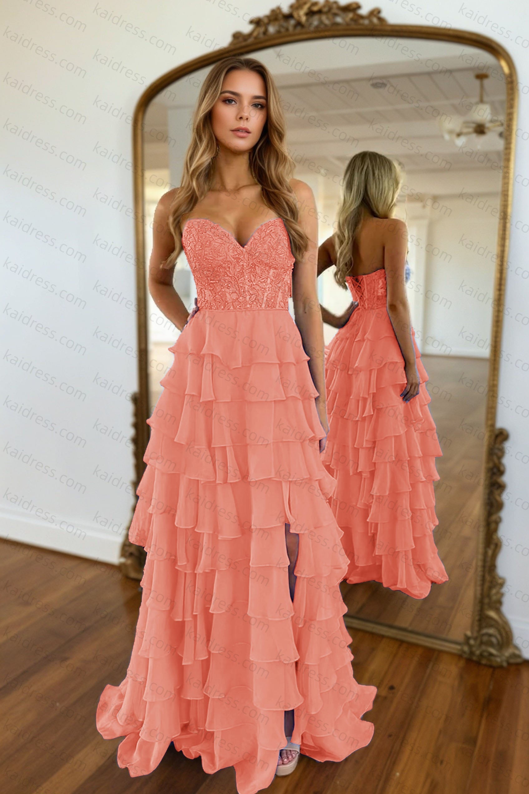 A-line/Princess Chiffon Fuchsia Sweetheart Tiered Ruffles Prom Dress with Slit Applique