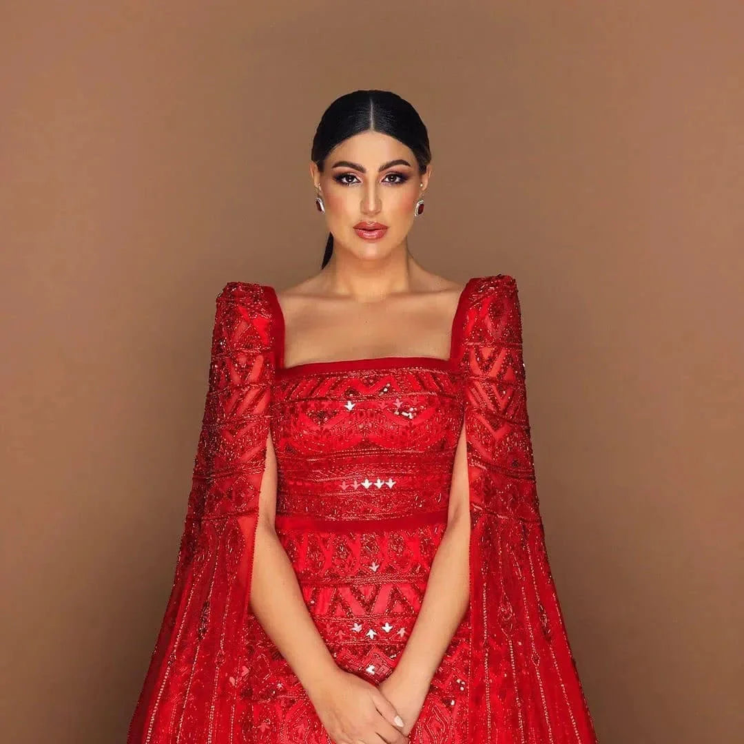 Luxury Wine Red Evening Dress with Cape Sleeves SS461