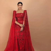 Luxury Wine Red Evening Dress with Cape Sleeves SS461