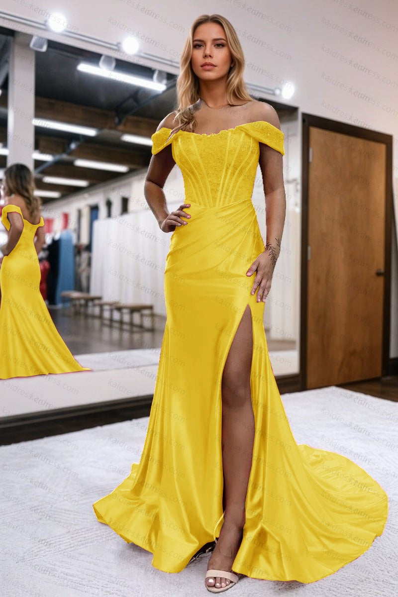 Trumpet/Mermaid Elastic Woven Satin Ruched Off-the-Shoulder Prom Dresses Sleeveless Long Green Evening Gowns