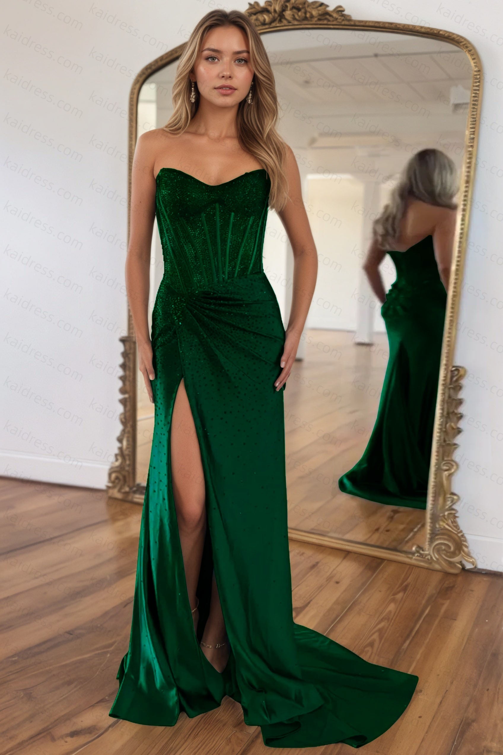 Mermaid Sparkly Golden Sweetheart Beaded Long Corset Prom Dress with Slit