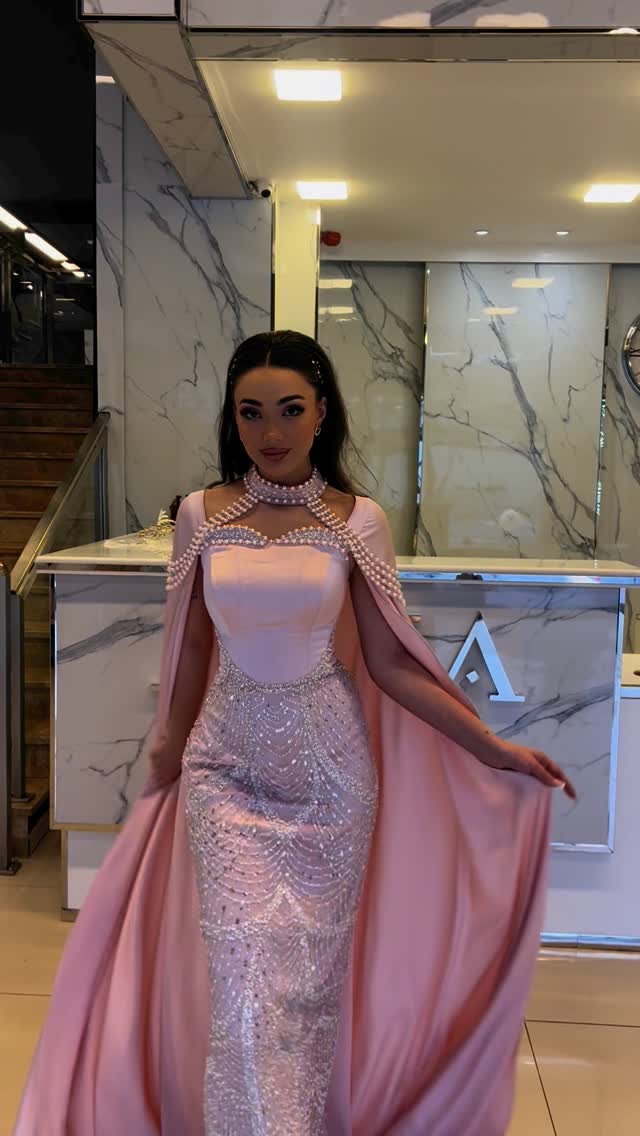 Luxury Pink Beaded Evening Dress with Cape Sleeves SS662