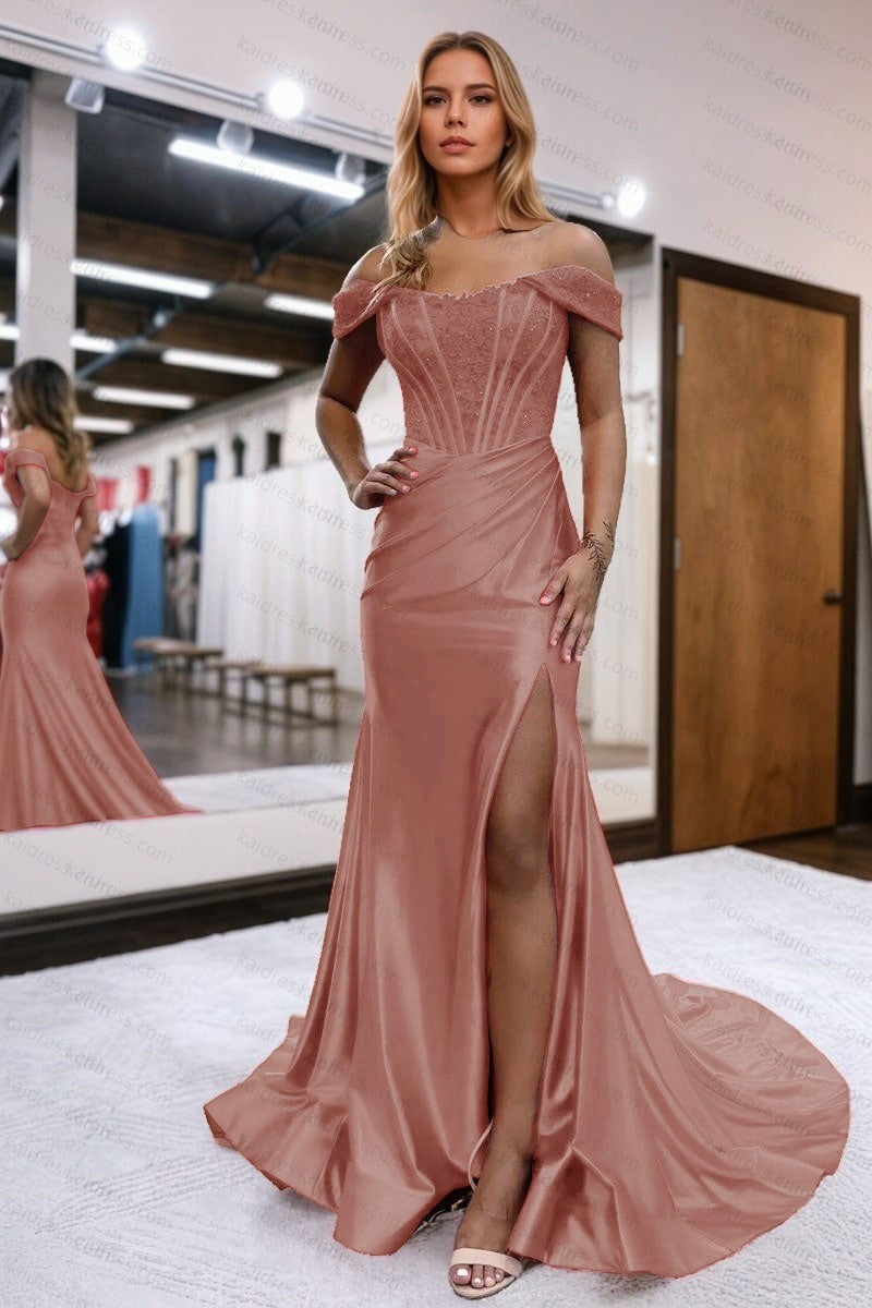 Trumpet/Mermaid Elastic Woven Satin Ruched Off-the-Shoulder Prom Dresses Sleeveless Long Green Evening Gowns