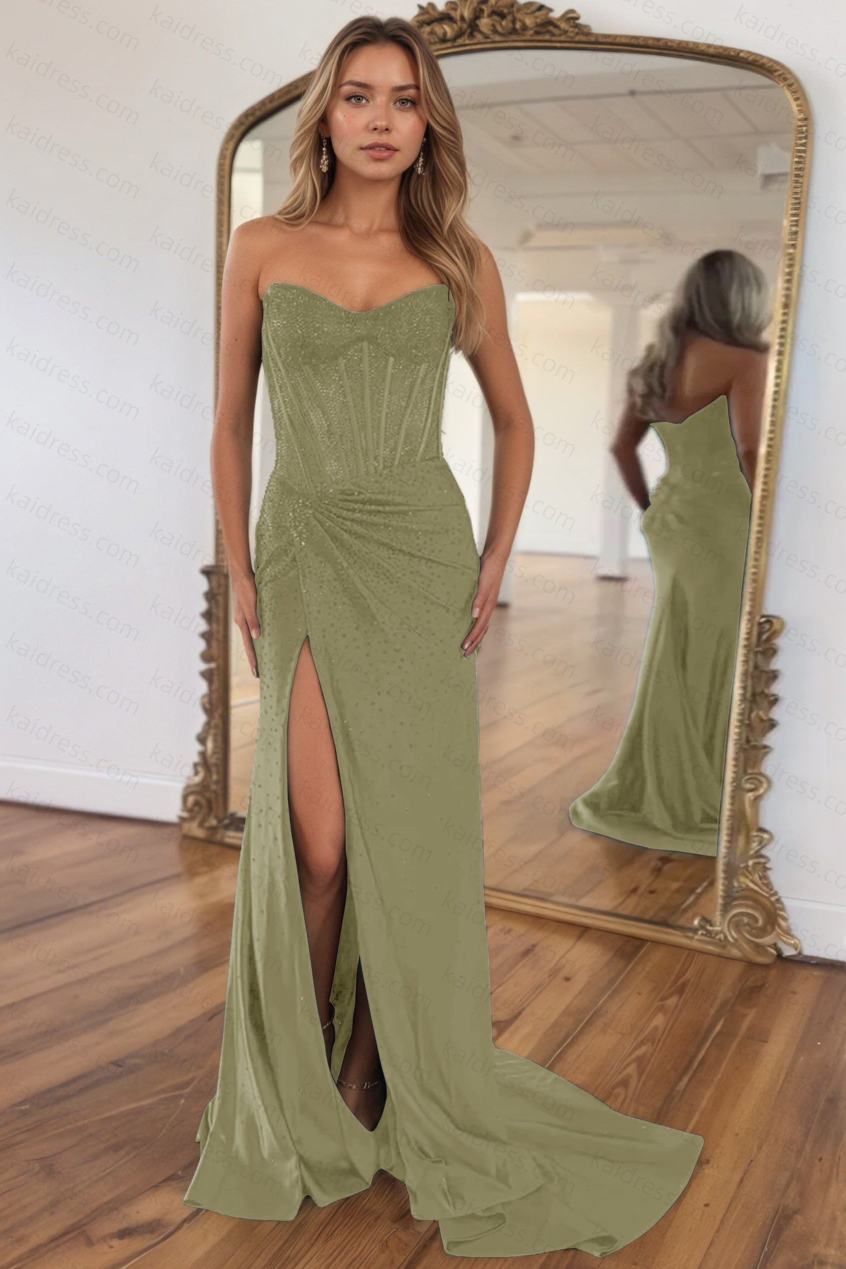 Mermaid Sparkly Golden Sweetheart Beaded Long Corset Prom Dress with Slit