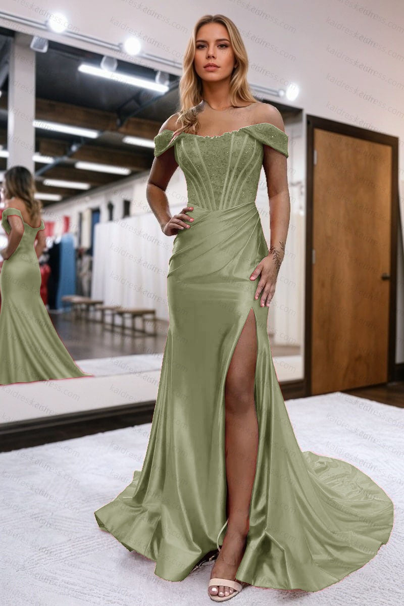 Trumpet/Mermaid Elastic Woven Satin Ruched Off-the-Shoulder Prom Dresses Sleeveless Long Green Evening Gowns
