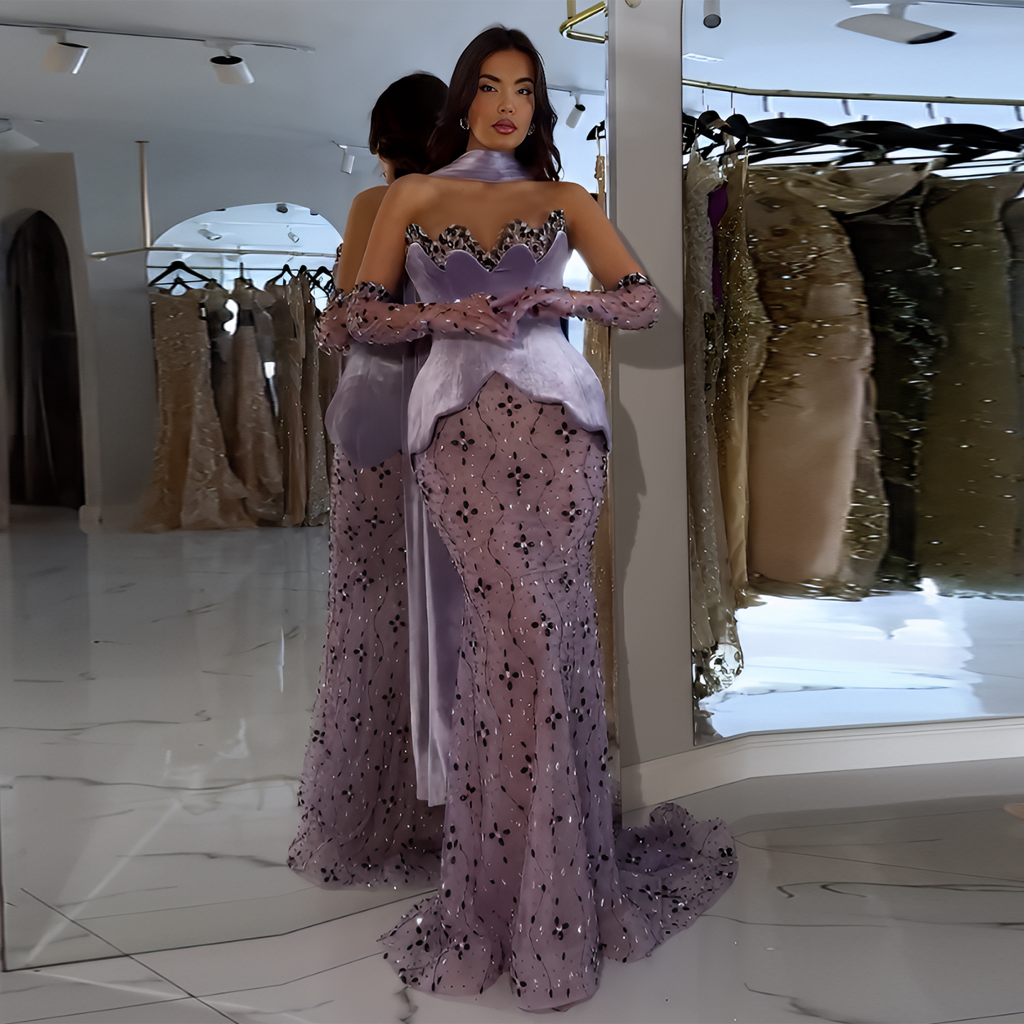 Elegant Beaded Strapless Purple Evening Dress with Scarf and Gloves SS269