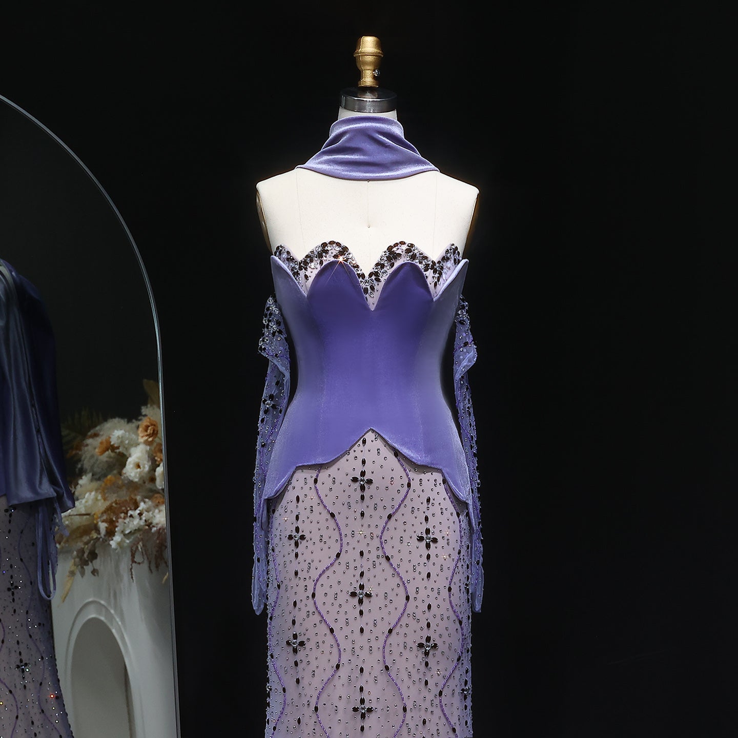 Elegant Beaded Strapless Purple Evening Dress with Scarf and Gloves SS269