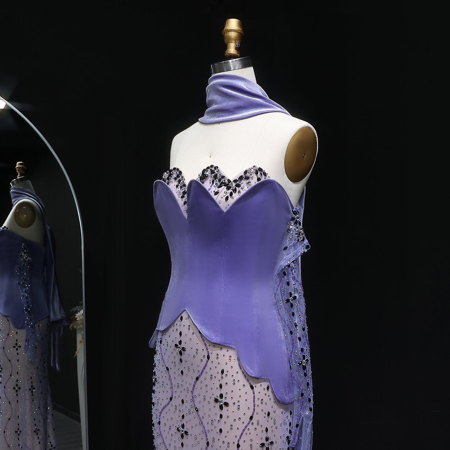 Elegant Beaded Strapless Purple Evening Dress with Scarf and Gloves SS269