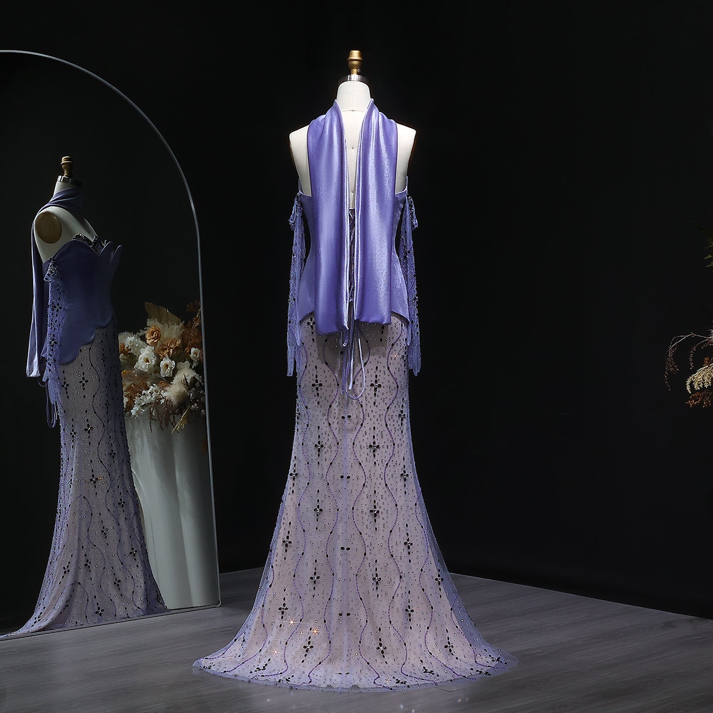 Elegant Beaded Strapless Purple Evening Dress with Scarf and Gloves SS269