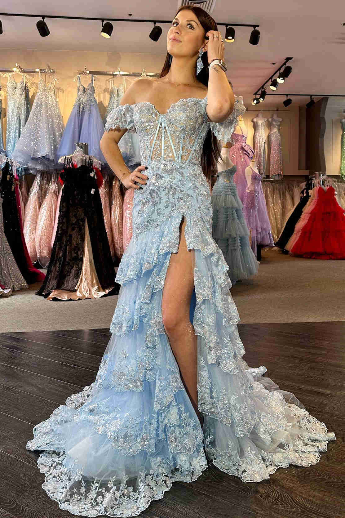 Charming Red Ruffles Off Shoulder Prom Dress with High Slit SF151  Light Blue / US 16