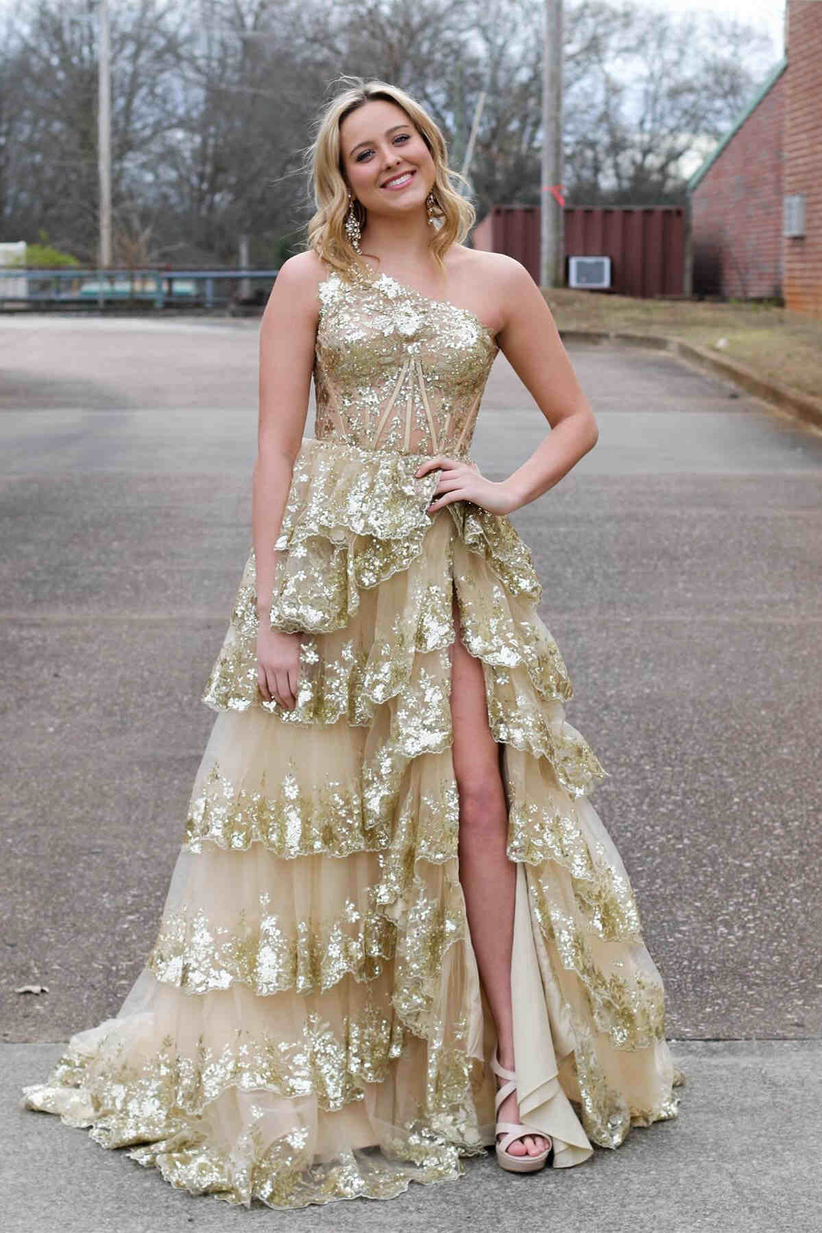 Vibrant Navy Blue Ruffles One shoulder Prom Dress with High Slit SF156  Champagne / US 16