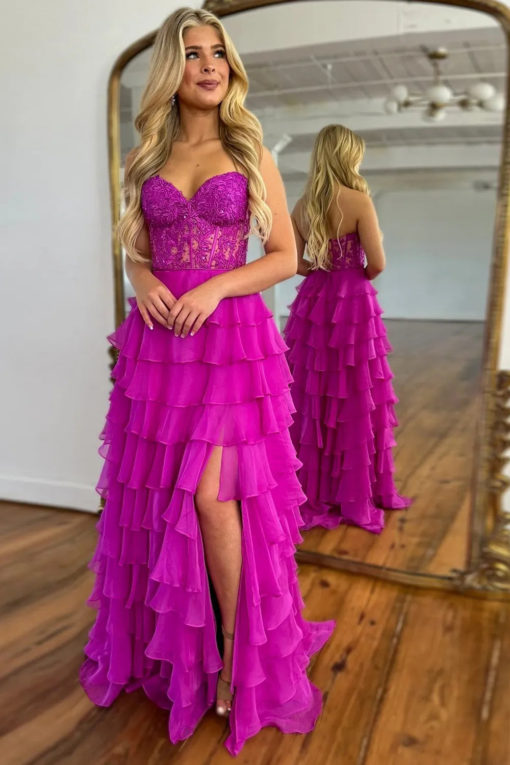 A-line/Princess Chiffon Fuchsia Sweetheart Tiered Ruffles Prom Dress with Slit Applique