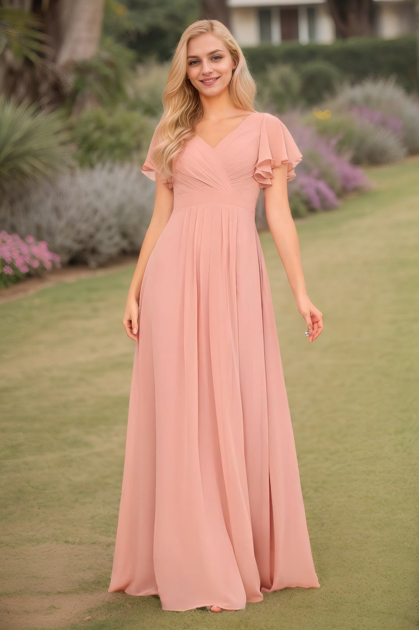 A-Line/Princess Chiffon Ruffles V-neck Short Sleeves Floor-Length Bridesmaid Dresses