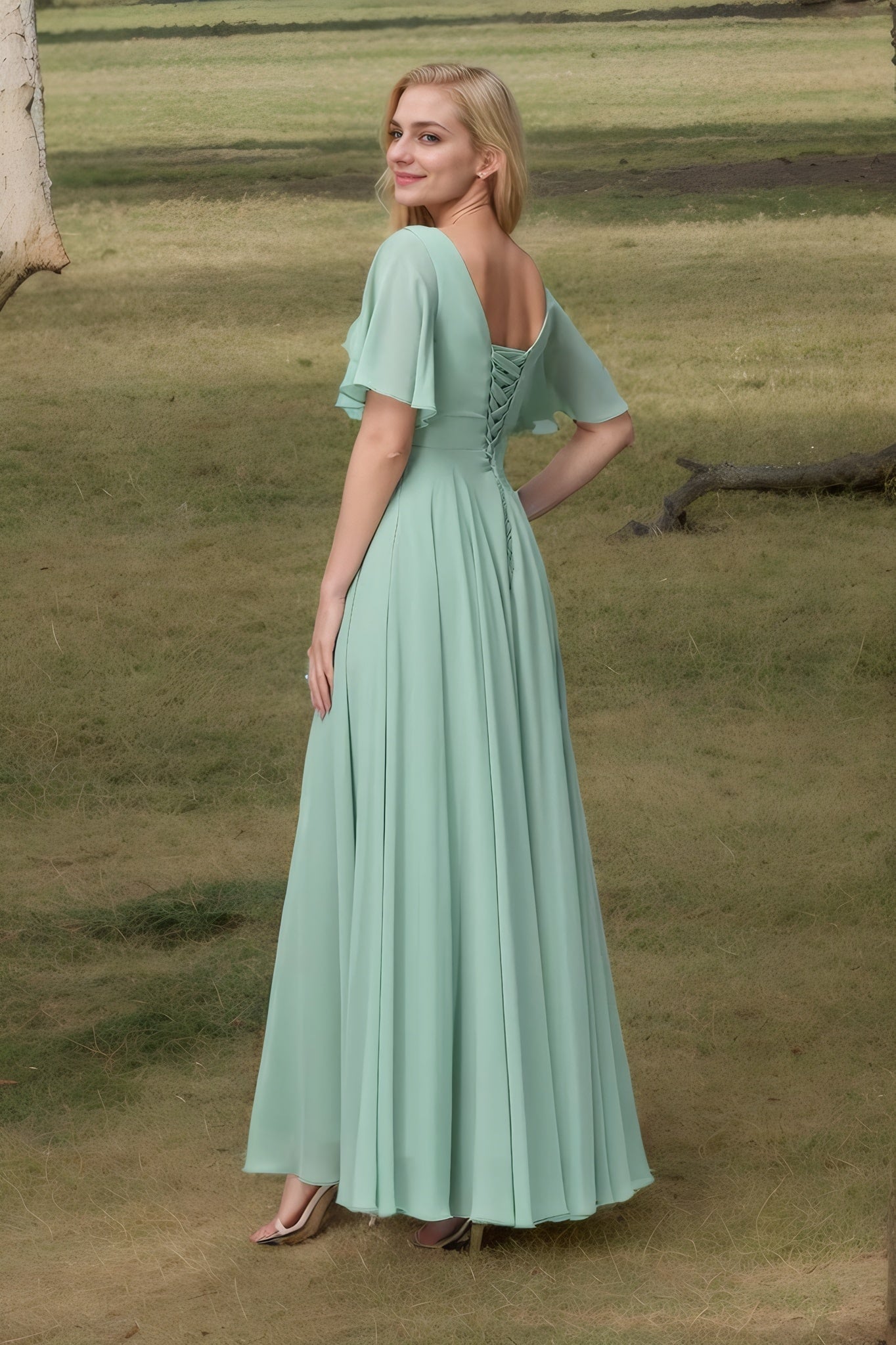 A-Line/Princess Chiffon Ruffles V-neck Short Sleeves Floor-Length Bridesmaid Dresses