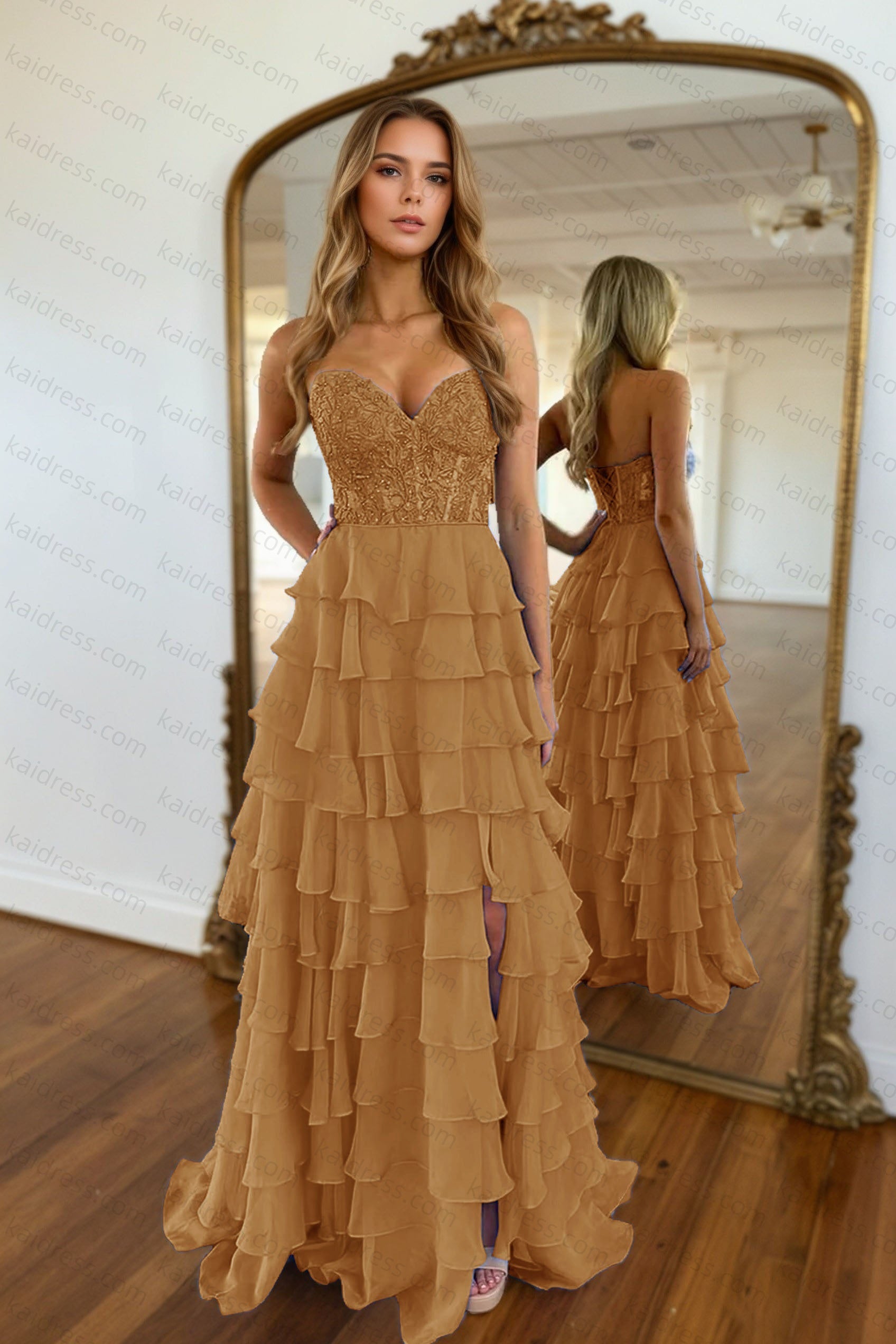 A-line/Princess Chiffon Fuchsia Sweetheart Tiered Ruffles Prom Dress with Slit Applique