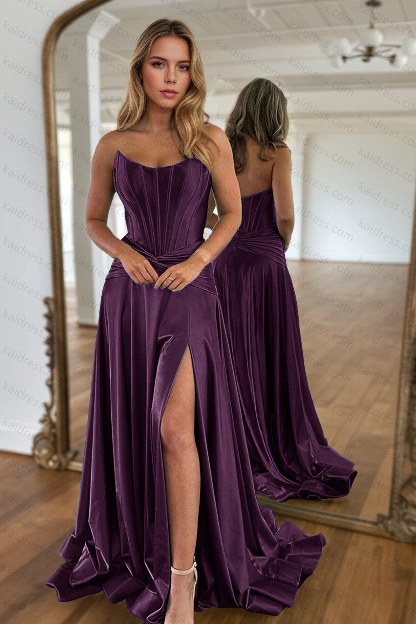 A-line Off-the-Shoulder Sleeveless Court Train Silk like Satin Green Prom Dresses With Pleated Split