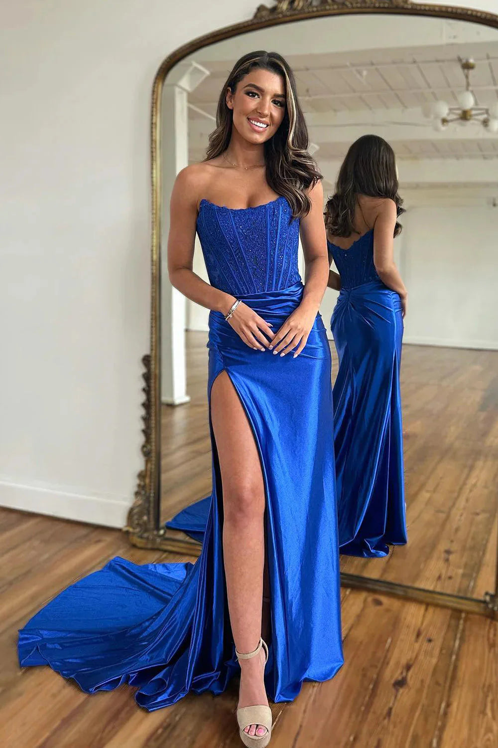 Stunning Royal blue Sleeveless Beaded Mermaid Prom Dress with Slit  Royal Blue / Custom Size