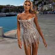 Luxury Pearls Tassels Strapless Cocktail Party Dress RM032