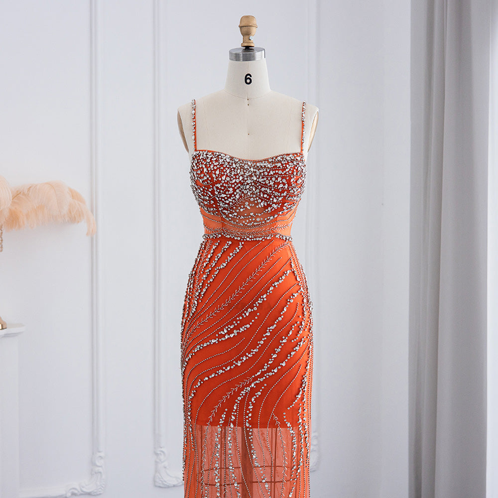 Luxury Orange Crystal Spaghetti Cocktail Party Dress RM155