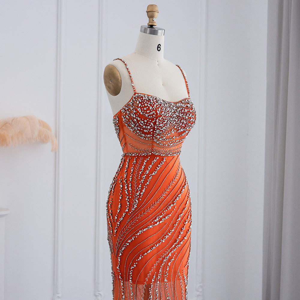 Luxury Orange Crystal Spaghetti Cocktail Party Dress RM155