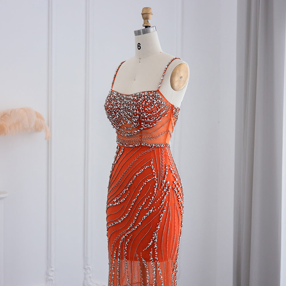 Luxury Orange Crystal Spaghetti Cocktail Party Dress RM155