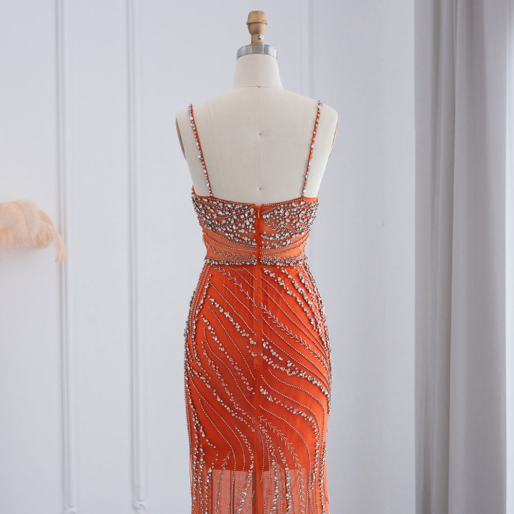 Luxury Orange Crystal Spaghetti Cocktail Party Dress RM155