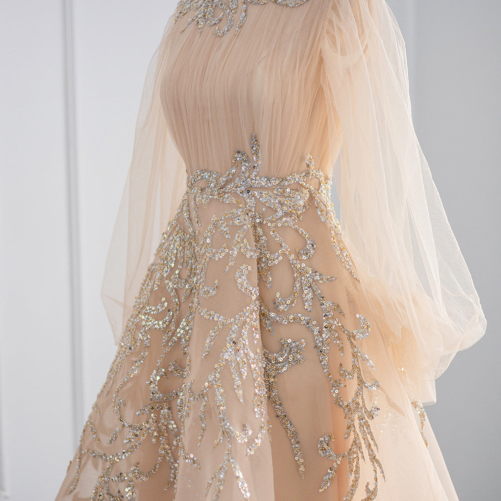 Dreamy Vow Champagne Long Sleeve Muslim Evening Dresses Luxury Dubai Midi Short Arabic Formal Gowns for Wedding Party 496