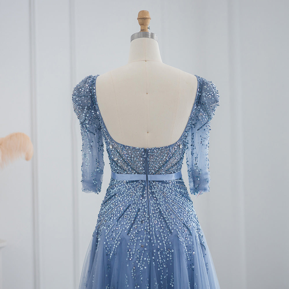 For Sale Luxury Beaded Blue Evening Dress with Half Sleeves SS240